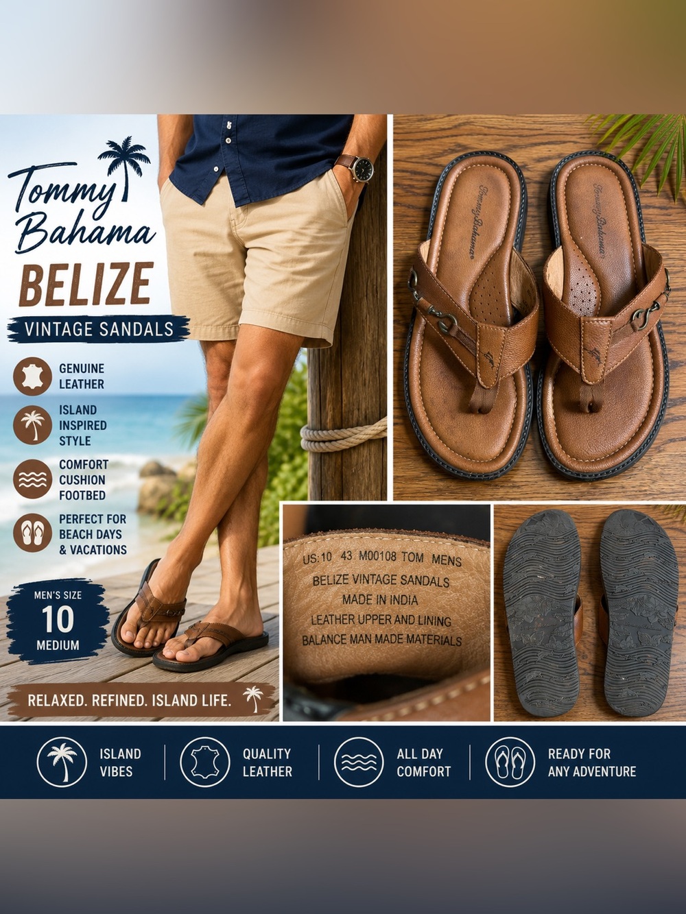 Tommy Bahama Belize Vintage Leather Thong Sandals Men’s Size 10M Brown FlipFlop